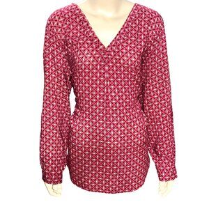 CCC Boho Chic Long Sleeve Geometric Print Red White Tunic Elegant Blouse Medium